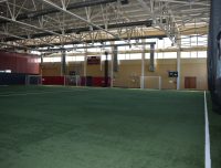 An indoor soccer field with artificial turf, surrounded by walls and a high ceiling with metal beams. Multiple goals are visible, along with windows letting in natural light. The area appears spacious and well-lit.